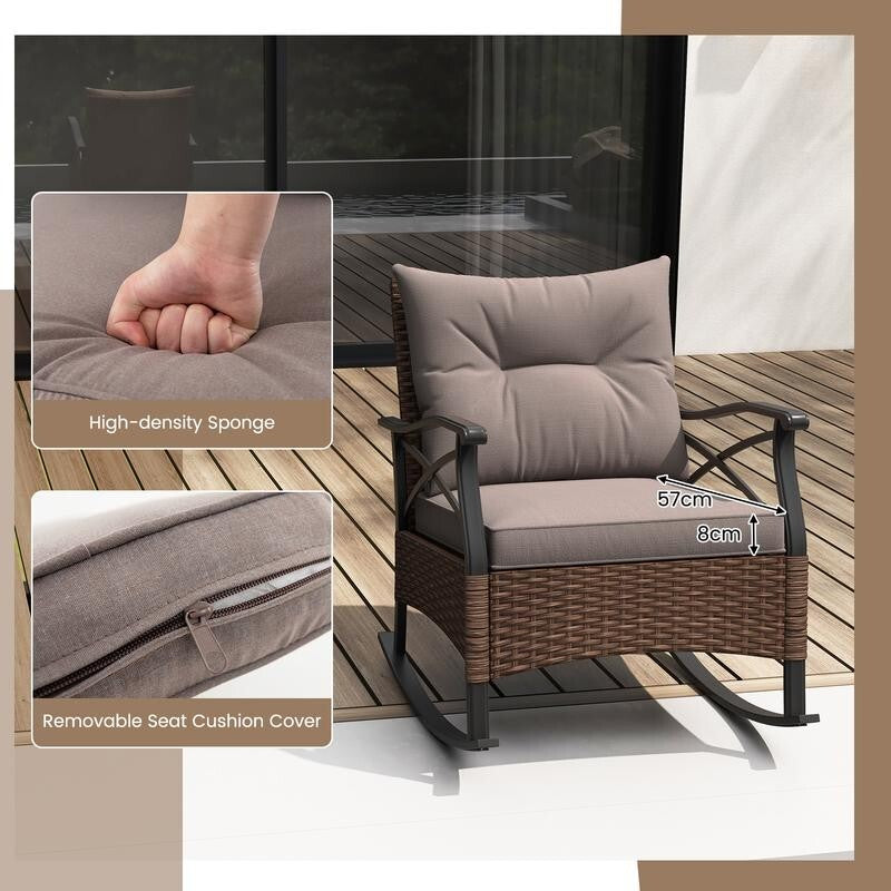 3PC Rattan Rocking Chair Set with Cushions & Glass Table for Garden Patio