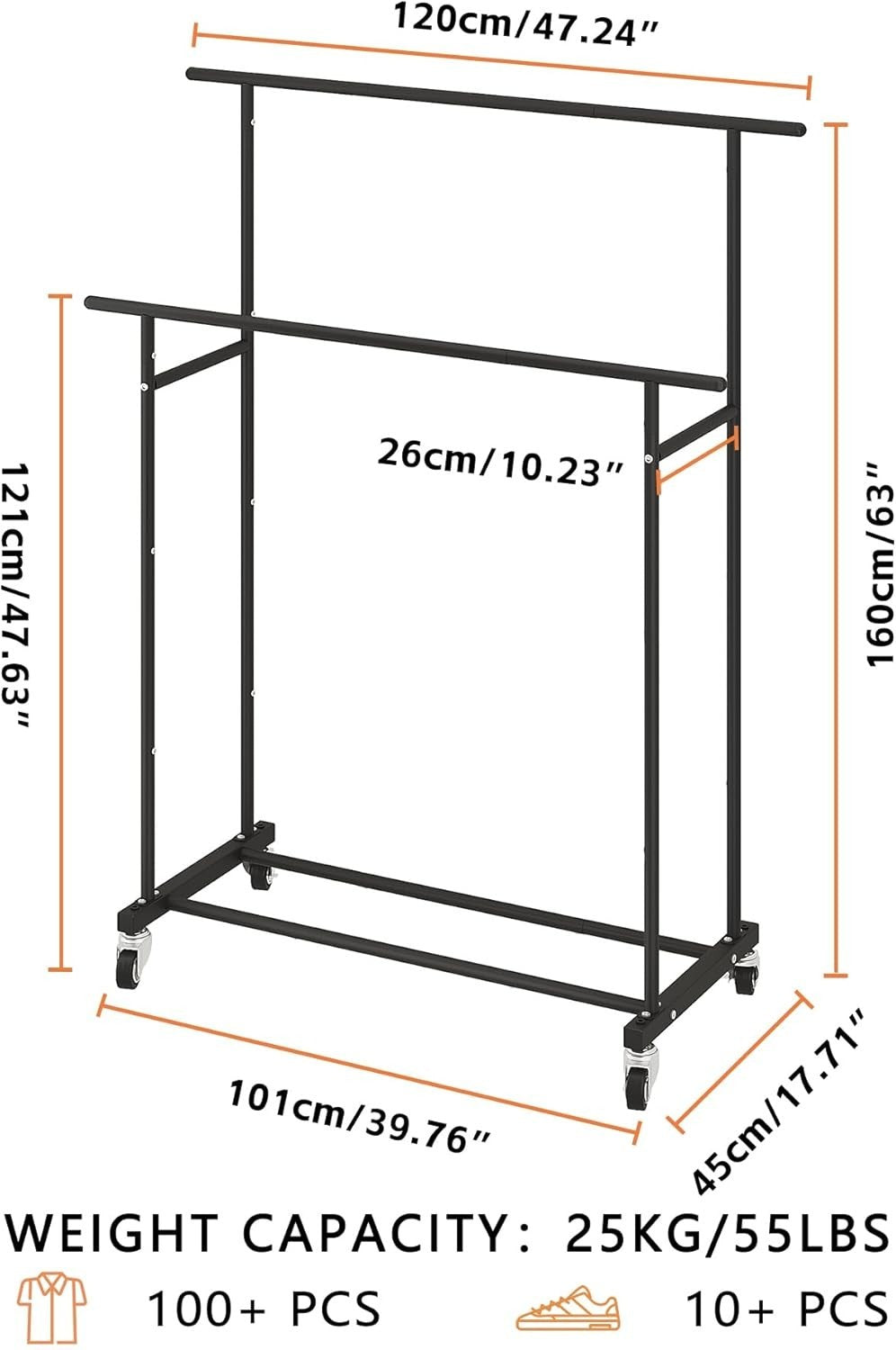 Black Double Rod Clothes Rack with Wheels & Storage Shelf