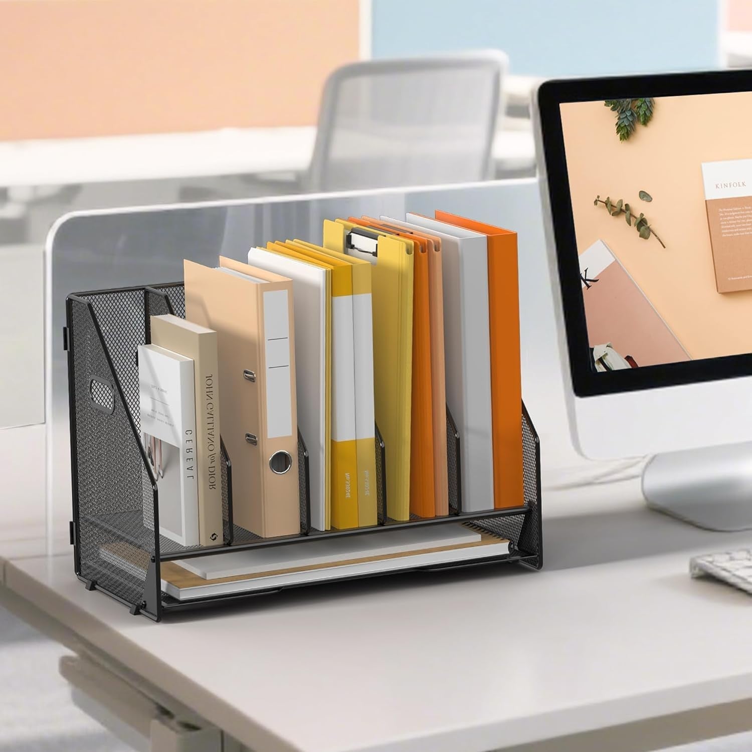 Desktop File Organizer Rack – 5 Vertical Compartments, Mesh Folder Holder, Home
