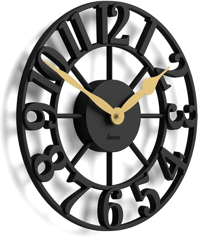 30cm Black Skeleton Wall Clock Silent Modern Raised Numerals Luxury Home Decor