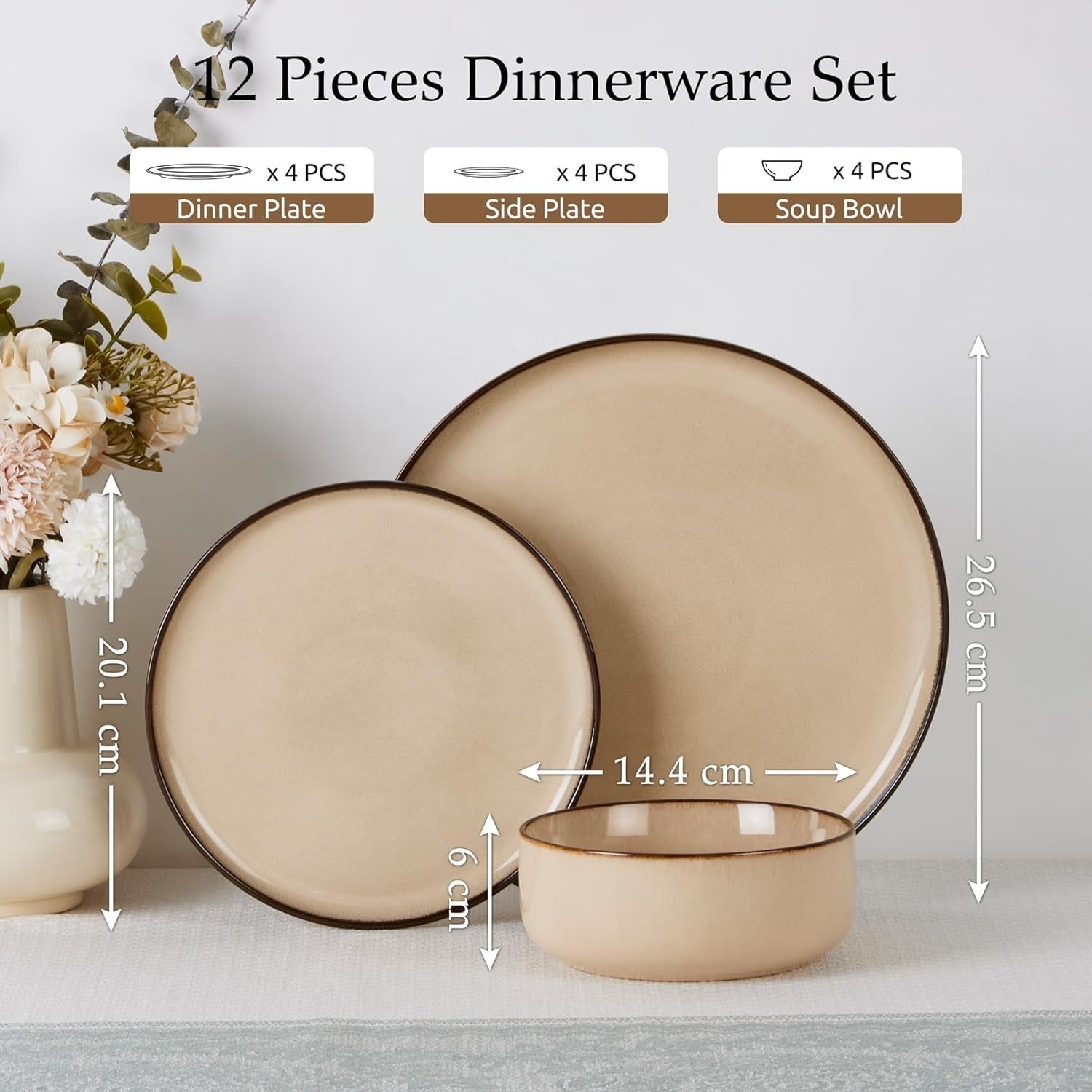 12pc Stoneware Dinner Set Latte Khaki Plates Bowls Reactive Glaze