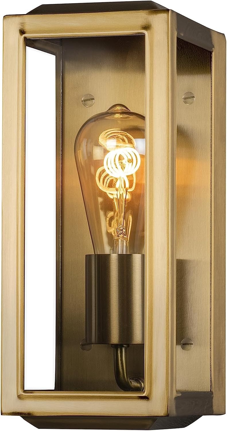 Outdoor Wall Light Brass Lantern Clear Glass Weatherproof Modern Fixture
