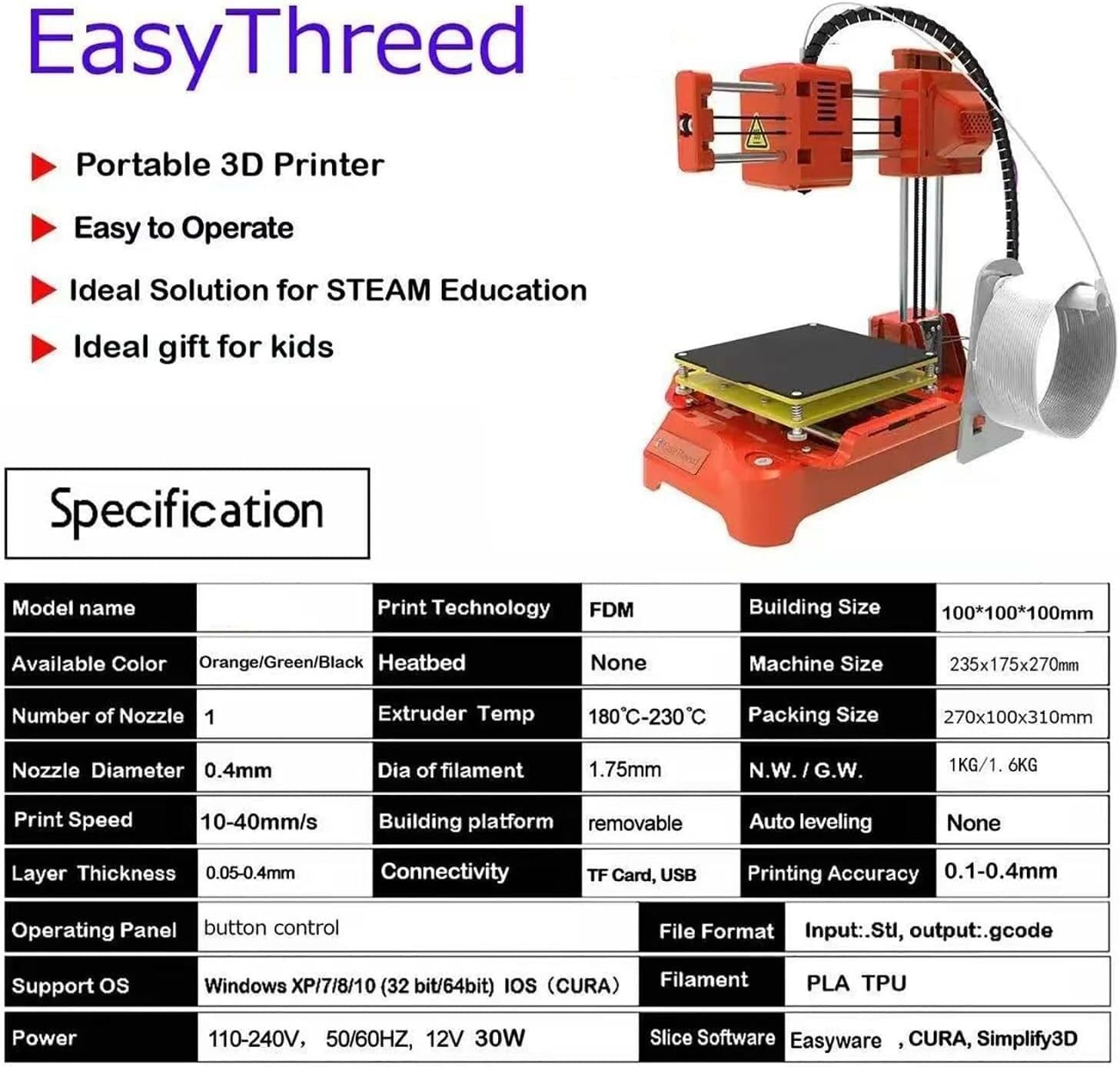 Educational Mini 3D Printer One-Touch High Precision 100x100x100mm Orange