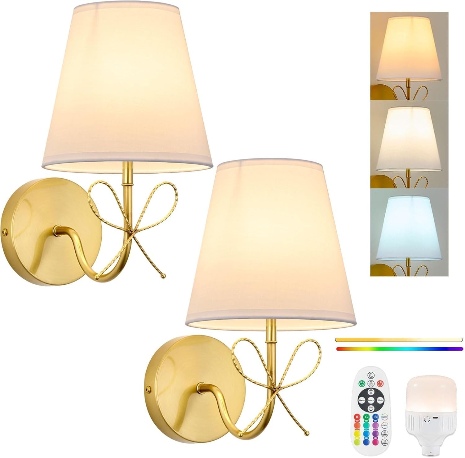 Wireless Gold Wall Lights Set of 2, Rechargeable, 15 Colour Modes + Remote