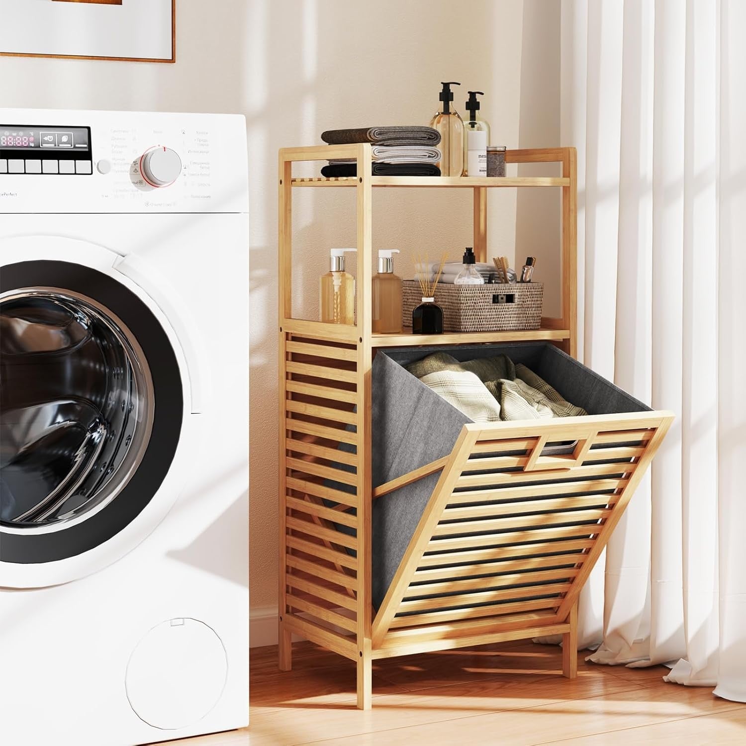 Bamboo Laundry Hamper Cabinet Tilt Out Storage Shelf with Removable Bag