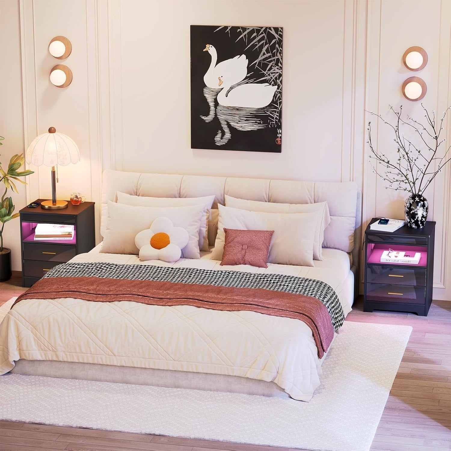 Black LED Bedside Table with USB Charging Ports, Lockable Drawers & RGB Lights