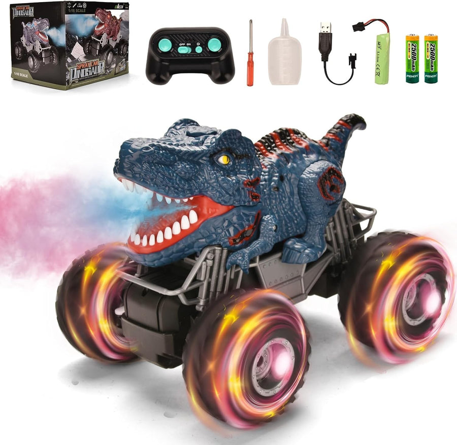 1:16 RC Dinosaur Monster Truck with LED Lights, Music & Spray Mist Toy