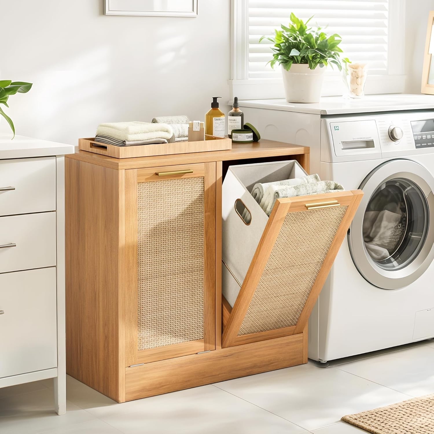 Double Rattan Laundry Cabinet 2 Baskets Wooden Tilt-Out Hamper Bathroom Storage