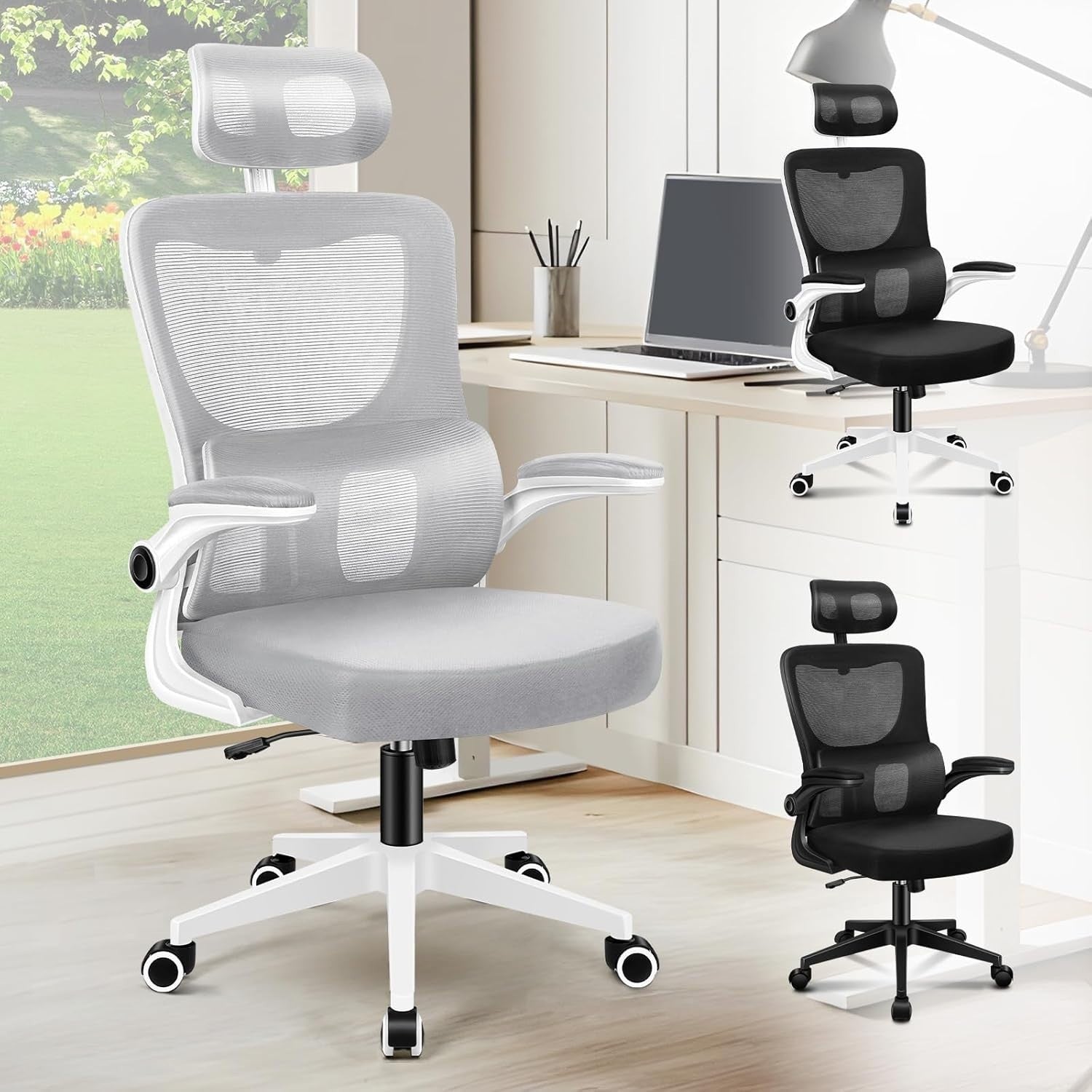Ergonomic Office Chair Desk Computer Seat Mesh Back Flip-Up Arms Lumbar Grey