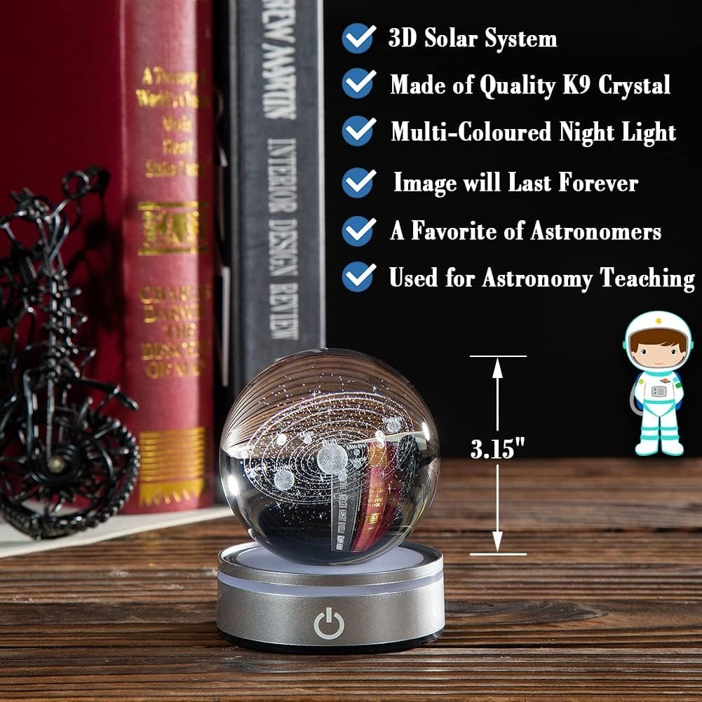 3D Solar System Crystal Ball with LED Stand • Space Gift • Engraved Planets