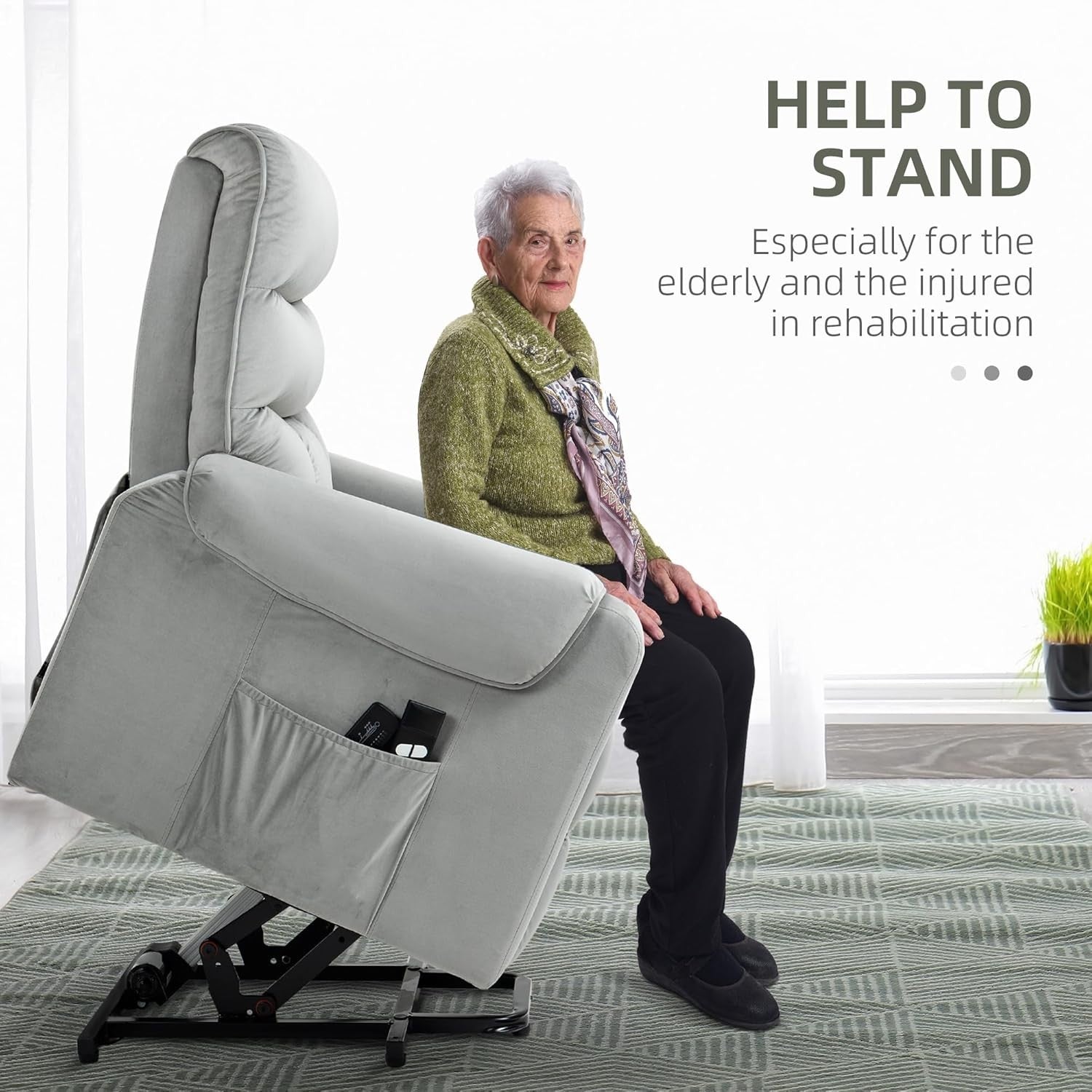 Power Lift Recliner Chair Massage 135° Recline Velvet Upholstered Pockets Grey