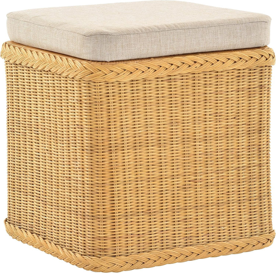 Rattan Laundry Basket Seat with Cushion Lid Honey Storage Chest Square 46×46×50