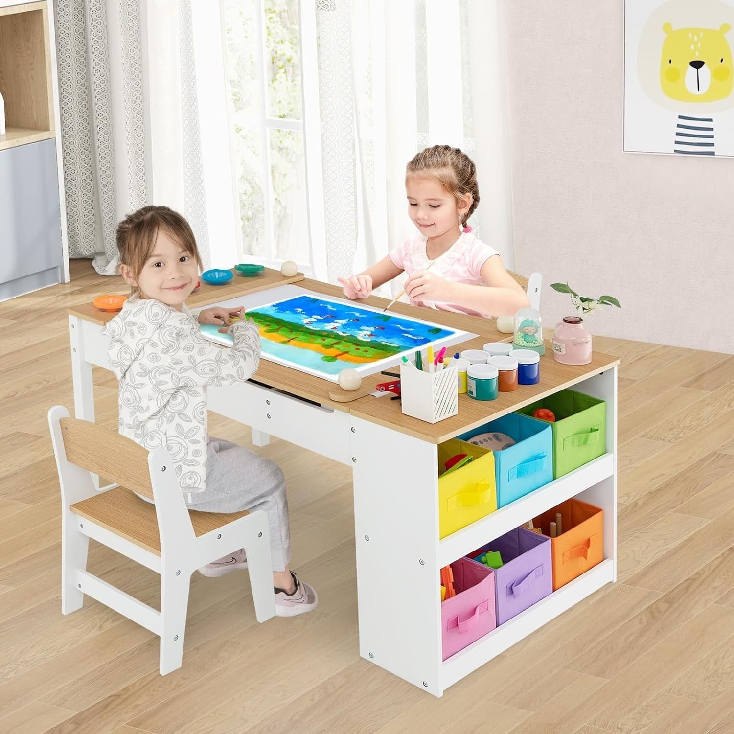 Wooden Kids Art Table & Chair Set w/ Easel, Storage Bins & Paint Cups 109cm