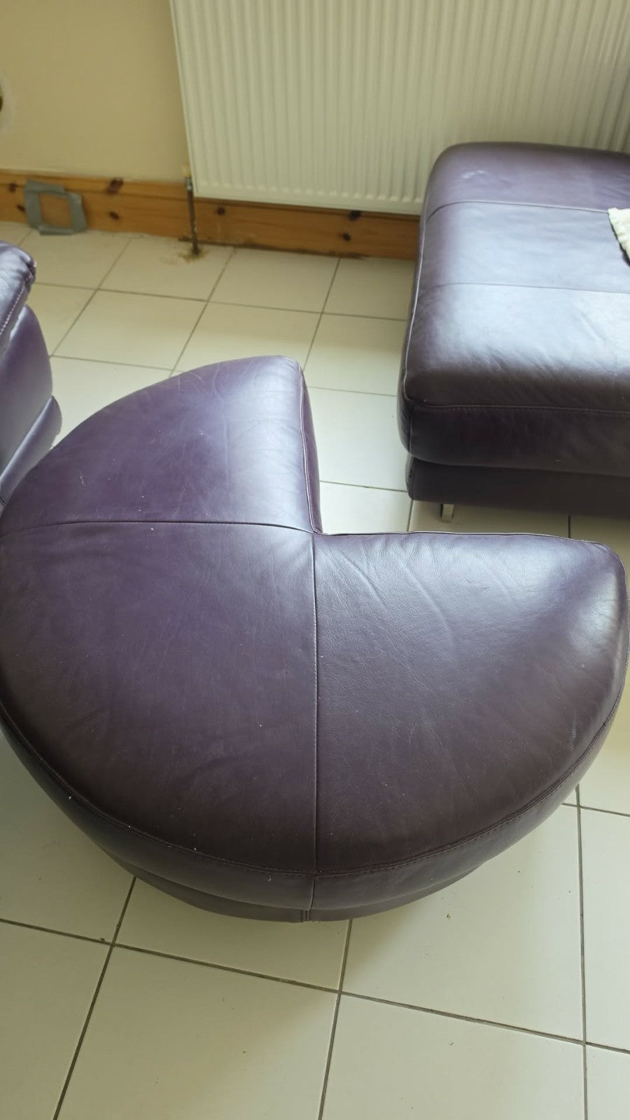 Large Purple Leather Corner Sofa + Footstool (PTP)