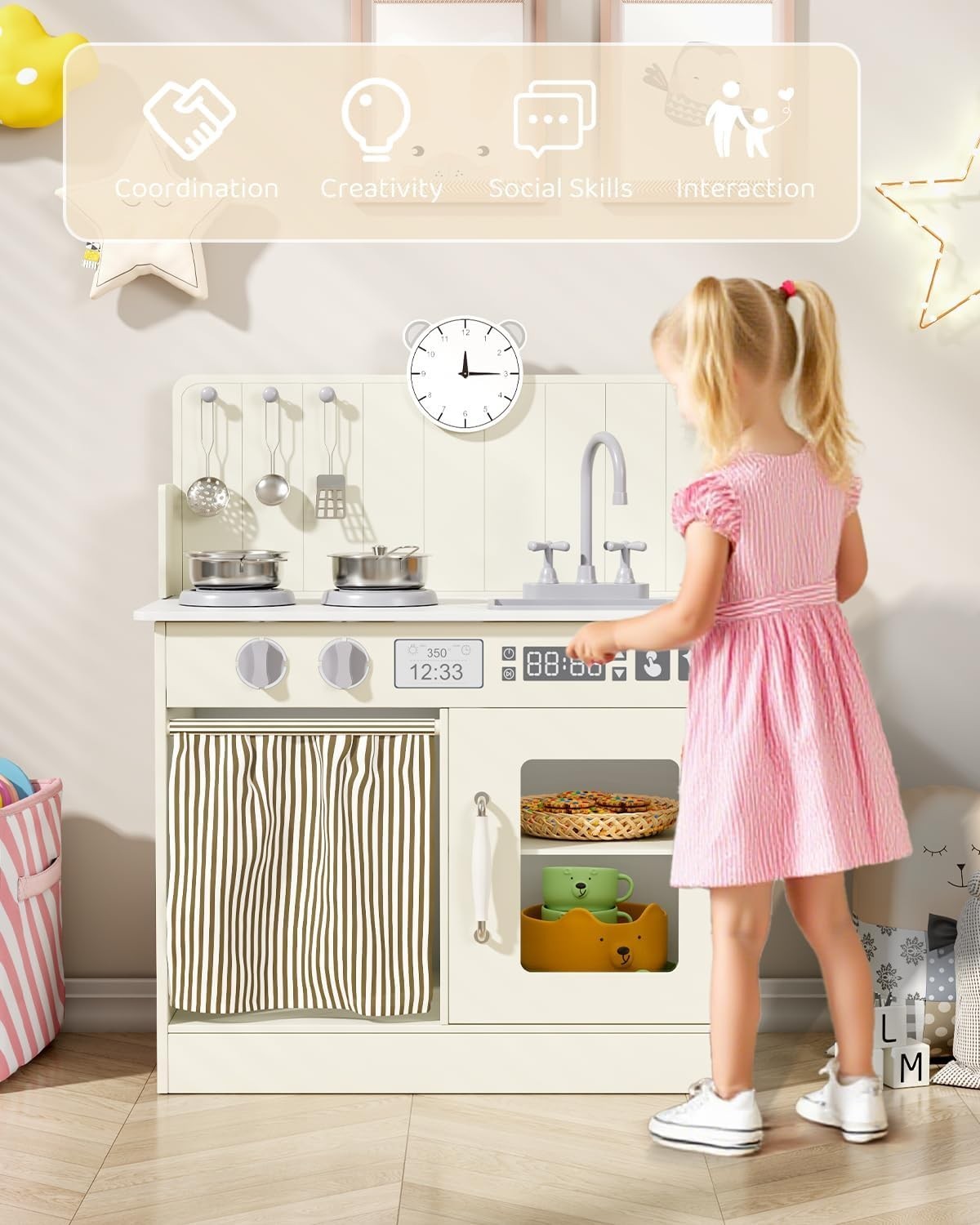 Wooden Kids Play Kitchen Cream Cooker Sink Toy Set w Storage & Clock