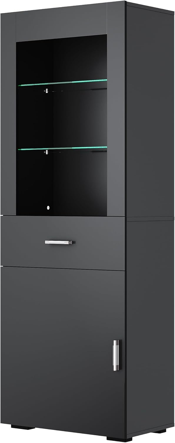 Tall Black Gloss LED Display Cabinet with Drawer & 5 Shelves Modern Storage Unit