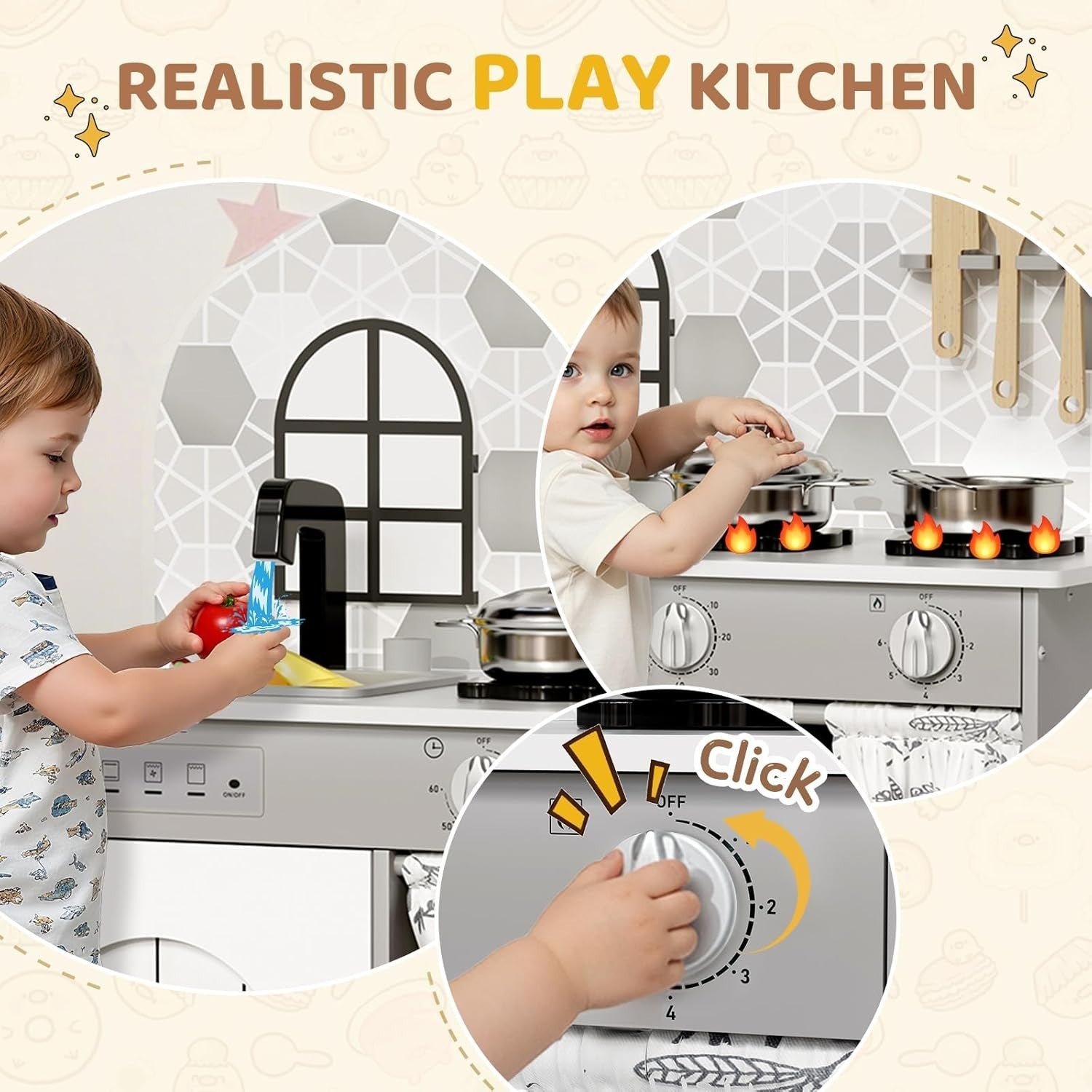 Kids Wooden Play Kitchen w/ Real Sound Stove Grey Toy Set