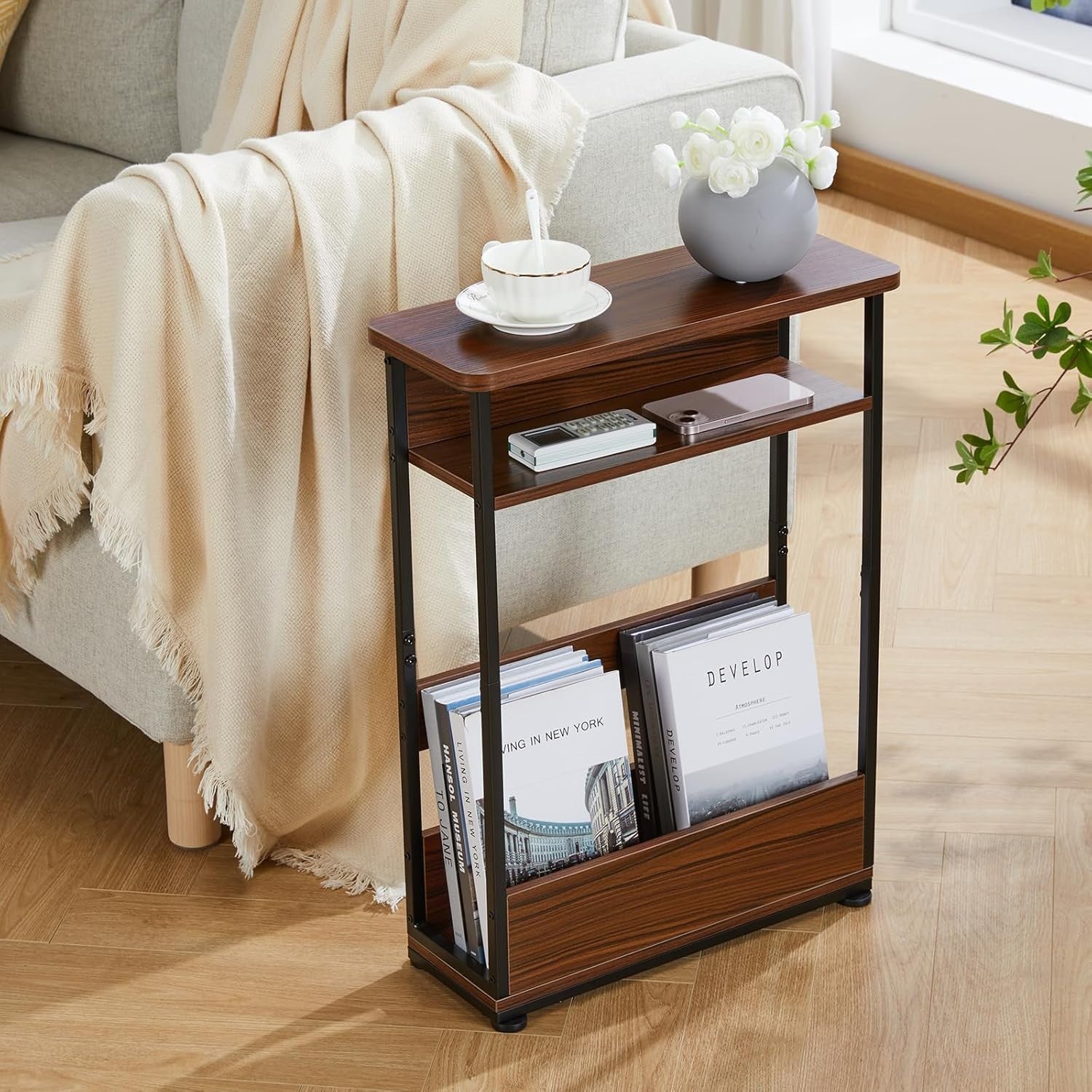 Narrow 3-Tier Side Table with Storage Shelf Slim End Table 46x18x62.5cm