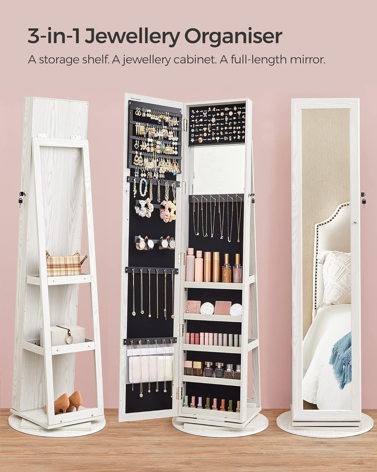 White & Grey Wood Grain 360° Swivel Jewelry Cabinet Mirror Lockable Stand