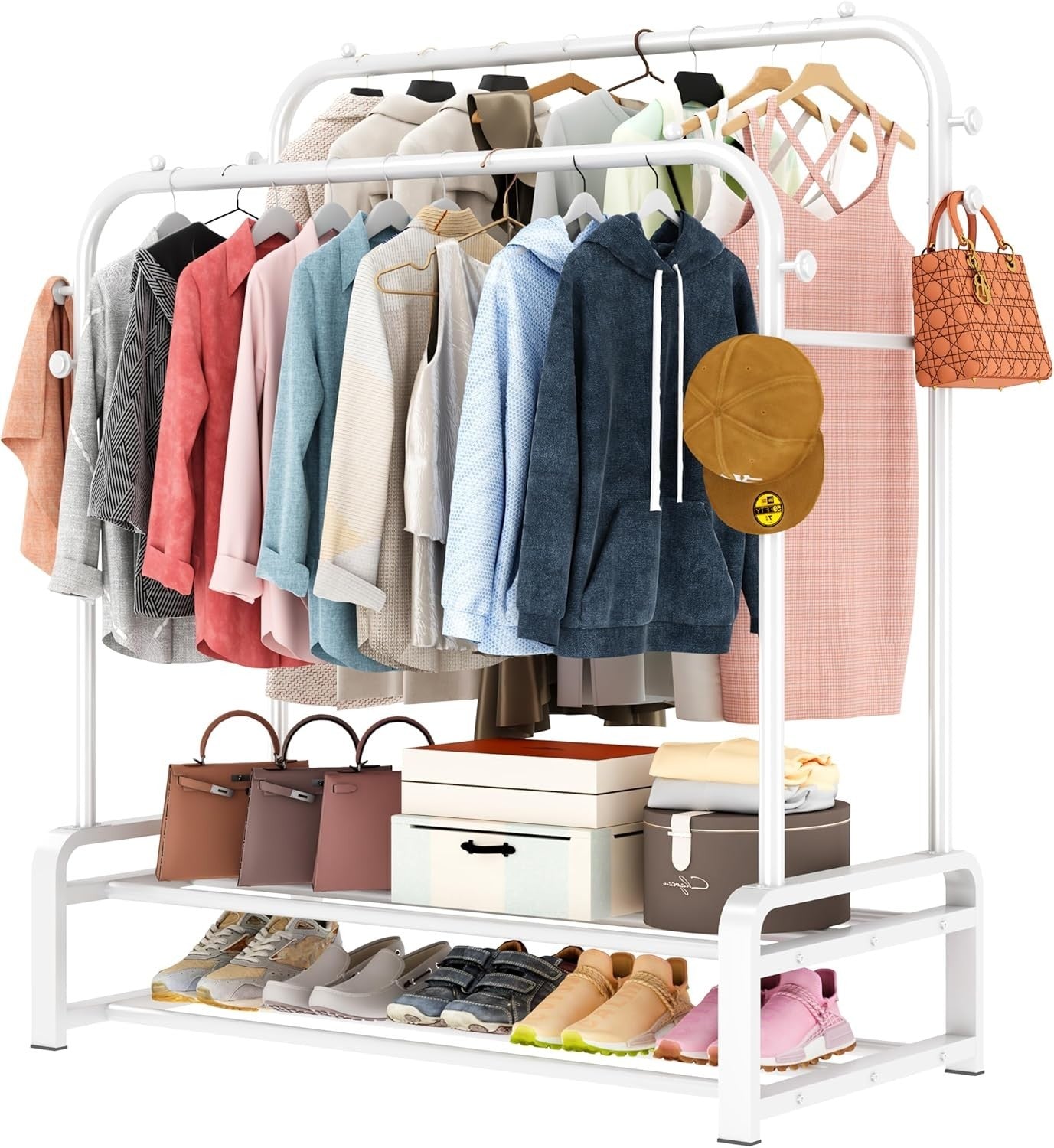 Heavy Duty Double Rail Clothes Rack with Shoe Shelves – White