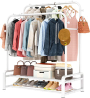 Heavy Duty Double Rail Clothes Rack with Shoe Shelves – White
