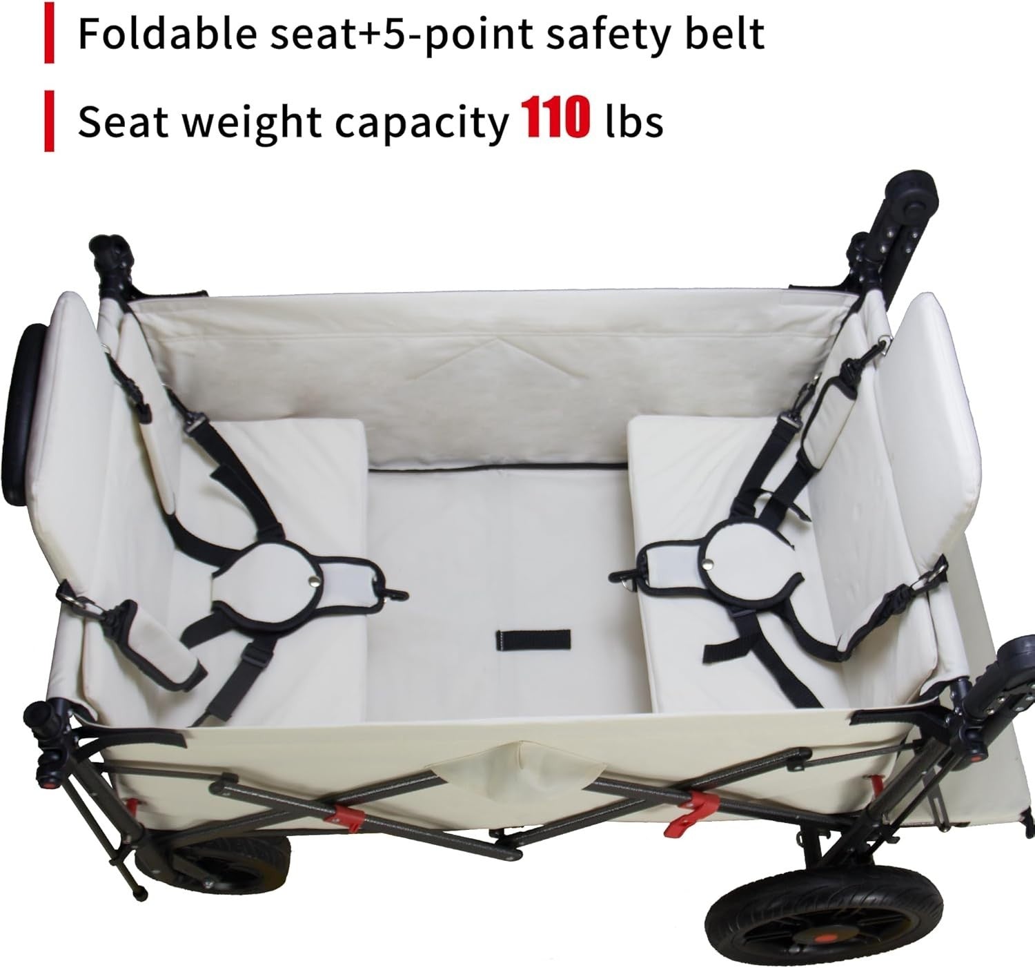 Folding Wagon w/ 2 Seats Removable Canopy 120kg Load Garden Cart Brake Beige