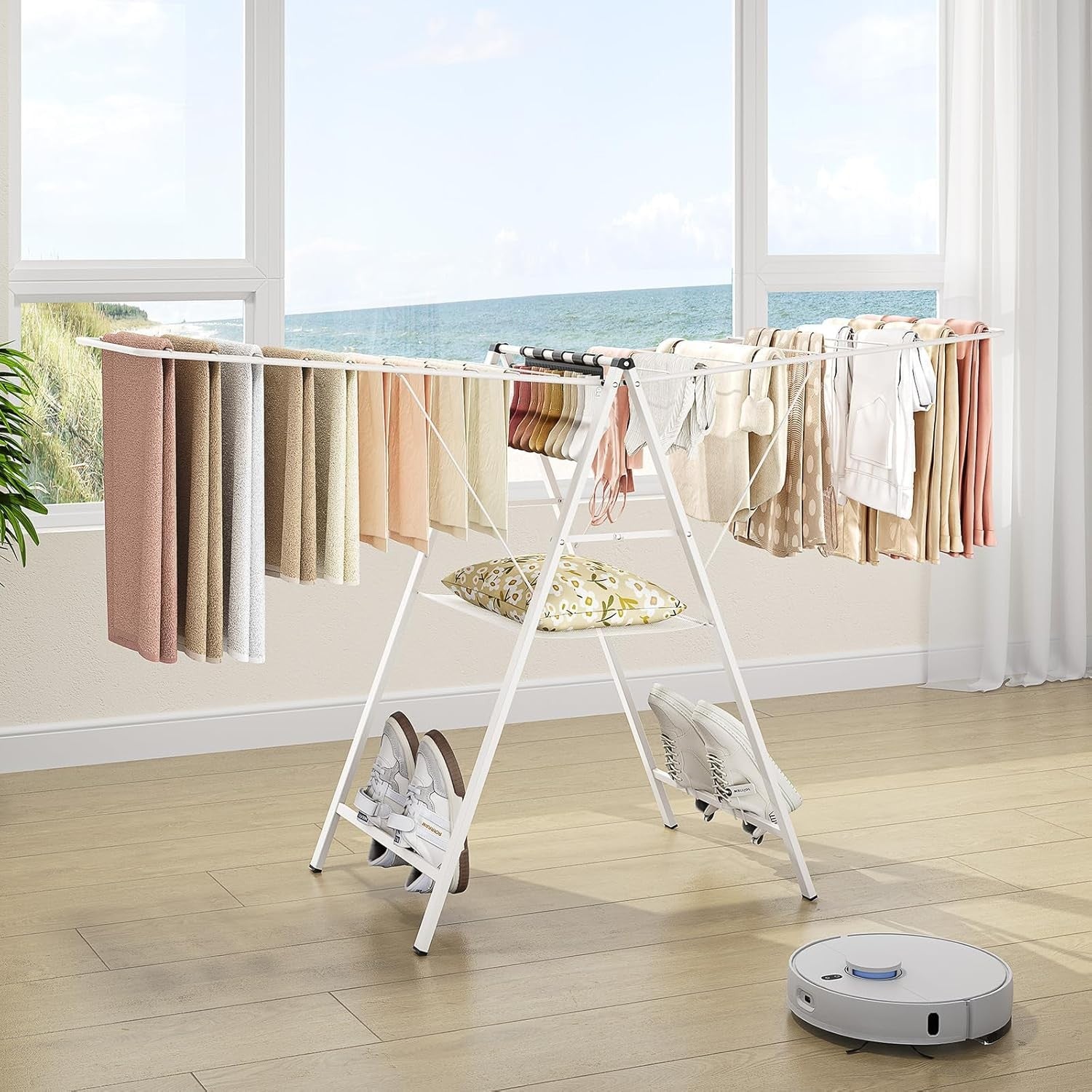 Foldable Clothes Drying Rack Height Adjustable Metal Indoor Outdoor