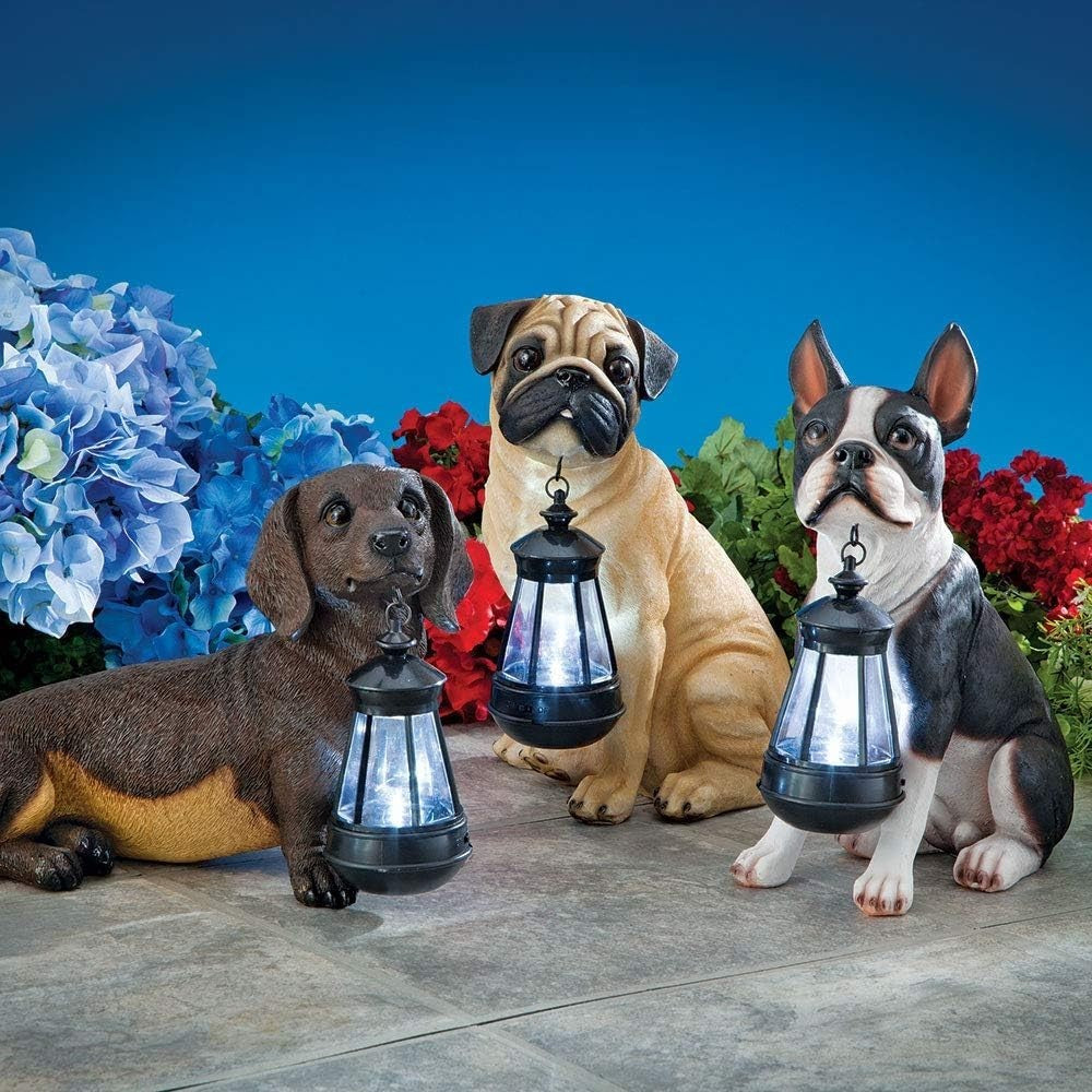 Fawn Pug Solar Lantern Statue Dog Garden Light Resin LED