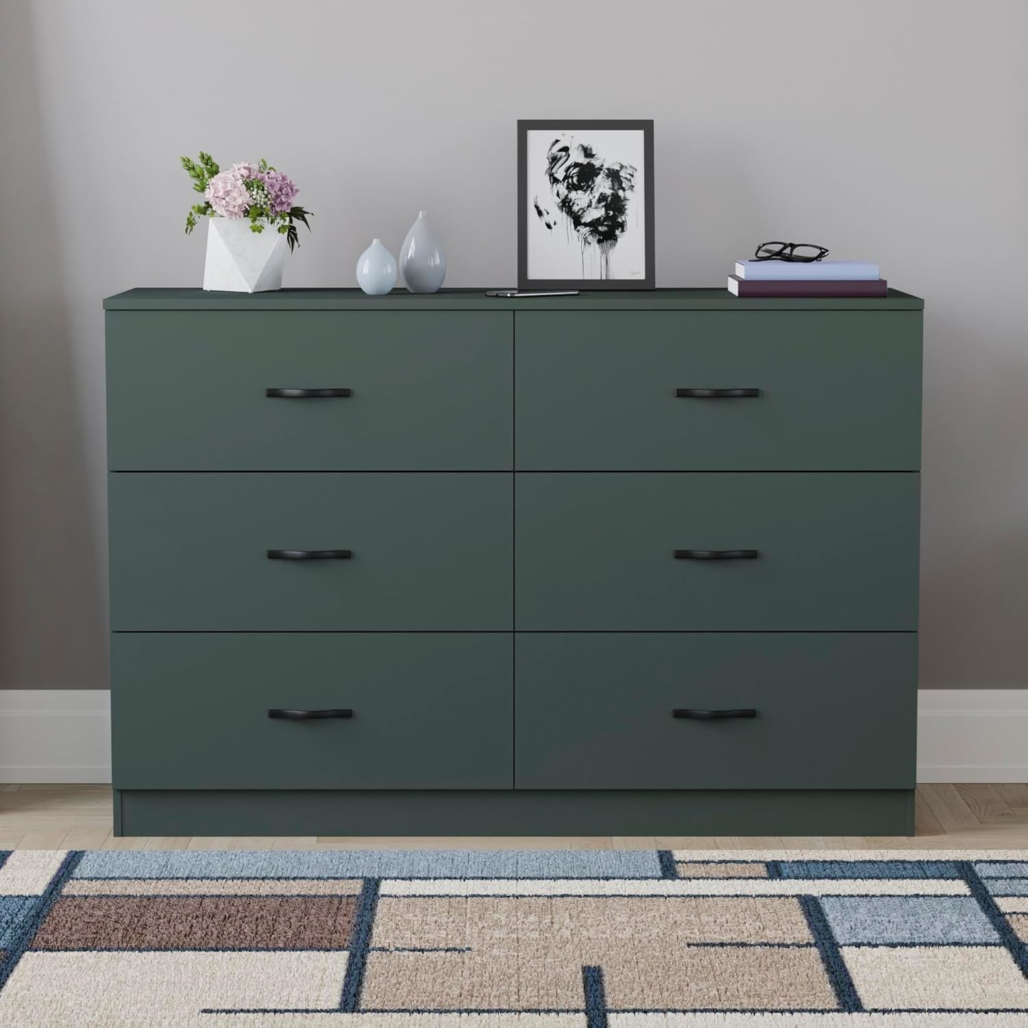 Jasper Green 6 Drawer Wide Chest Bedroom Storage Unit Modern Flatpack