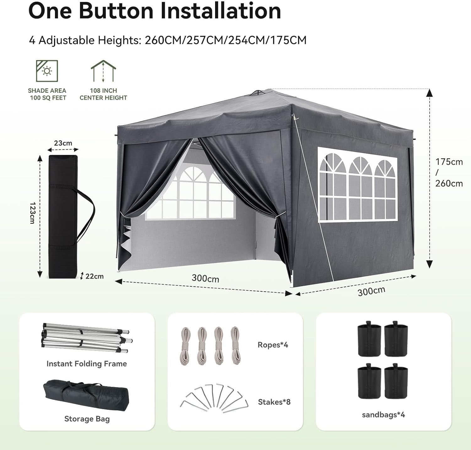 3x3M Grey Gazebo With Sides Mesh Windows Waterproof Garden Party Tent