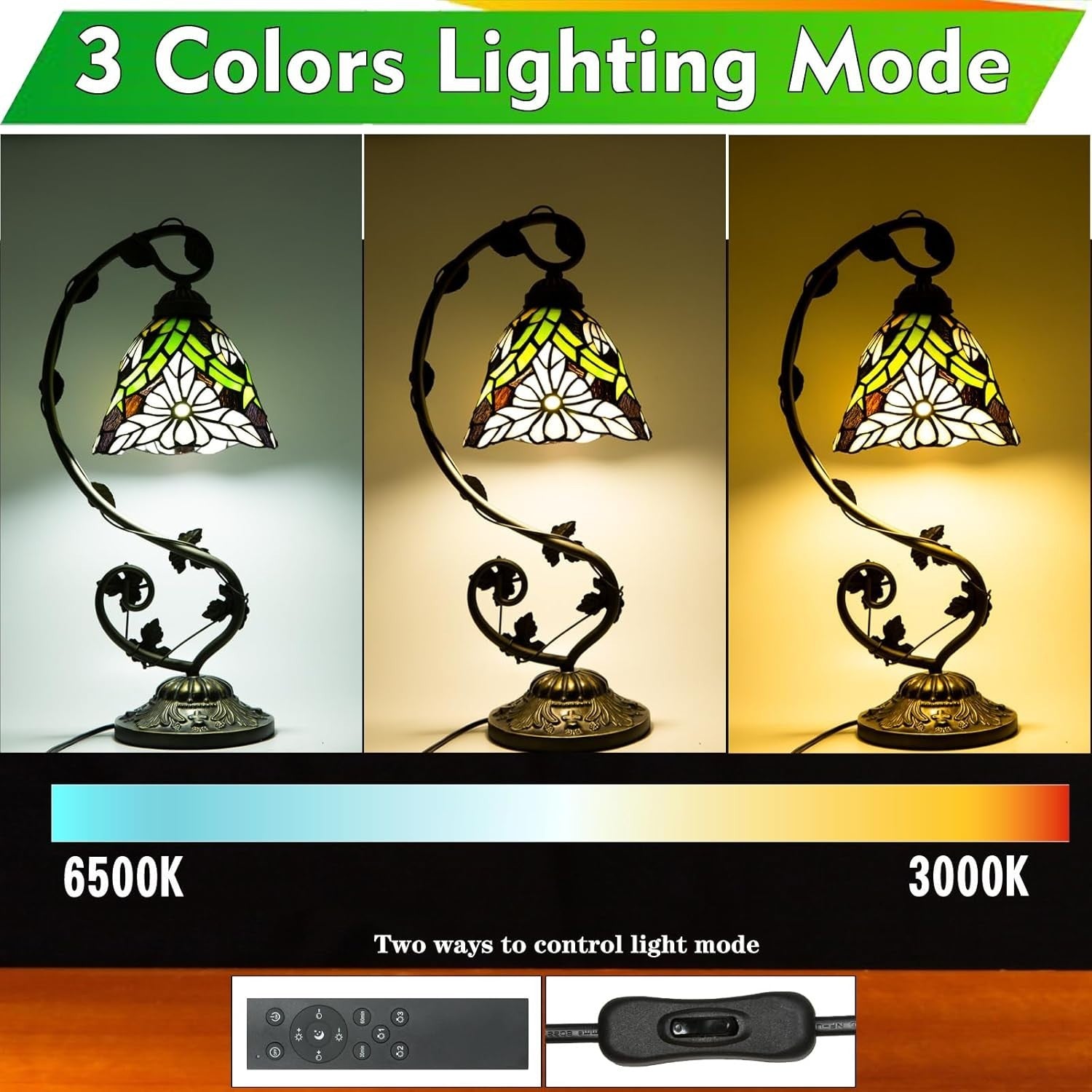 Stained Glass Table Lamp Dimmable LED Remote 3 Light Modes for Bedroom