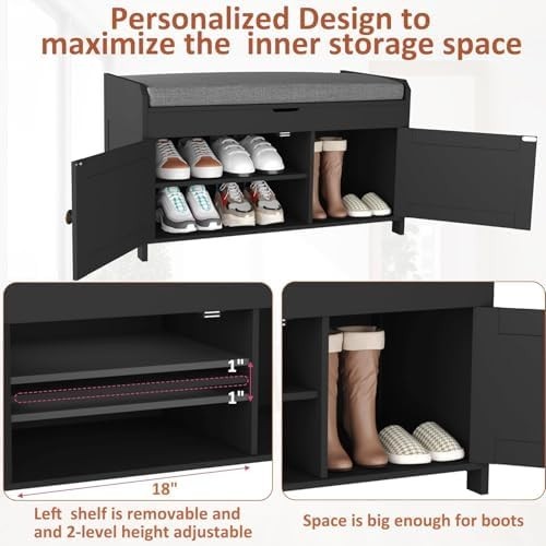 Black Shoe Storage Bench with Cushion Seat 2-Door Cabinet Entryway 76x39x46cm