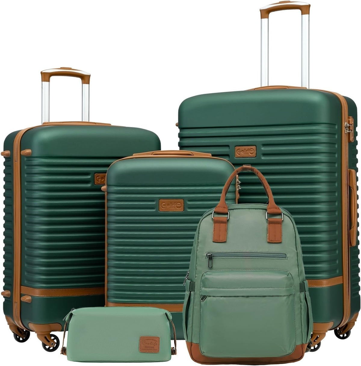 5PC Green Brown Luggage Set Hard Shell TSA Lock 360 Spinner + Backpack