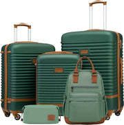 5PC Green Brown Luggage Set Hard Shell TSA Lock 360 Spinner + Backpack
