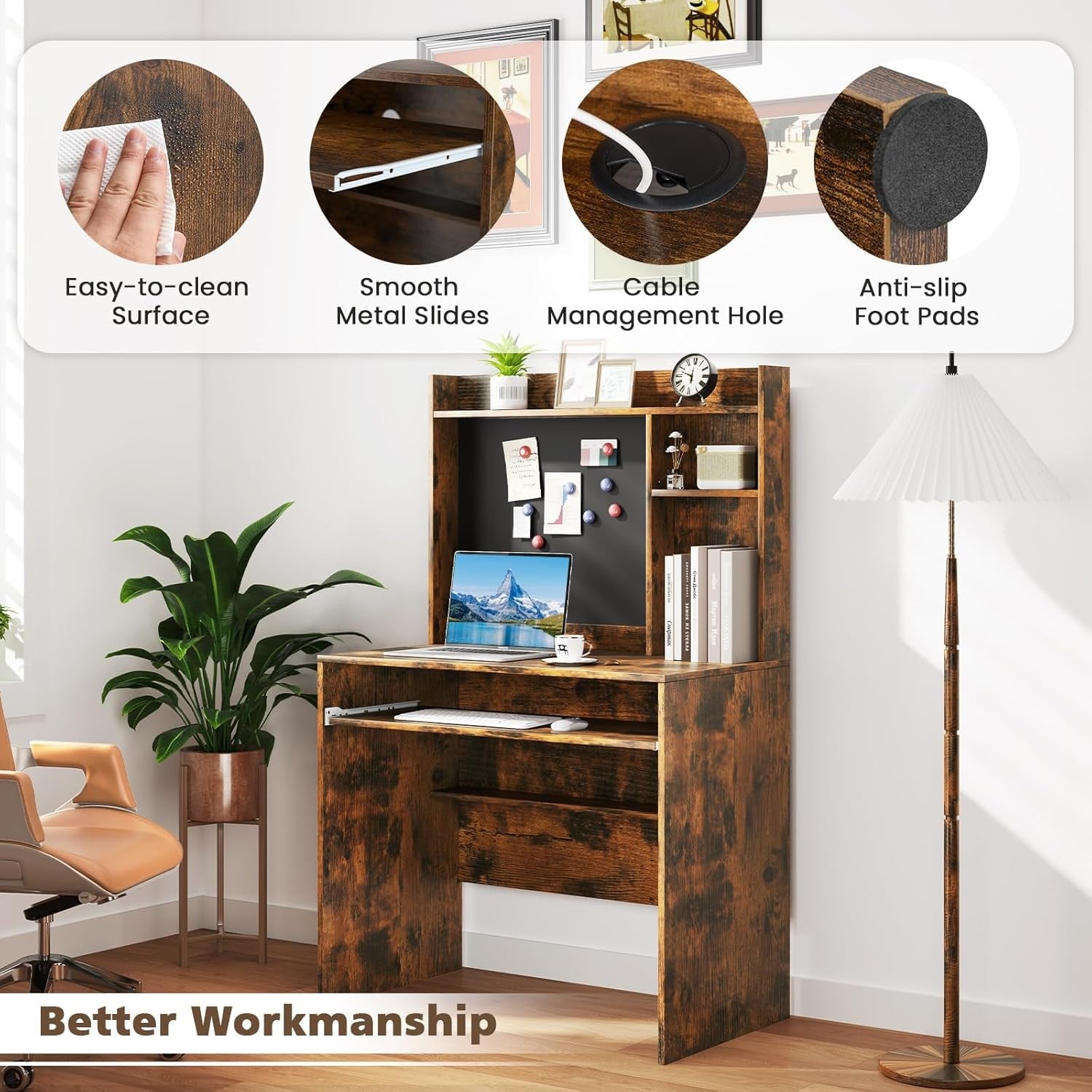 Computer Desk with Hutch Storage Keyboard Tray Study Workstation Rustic