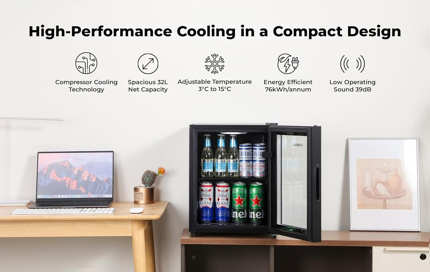 32L Mini Fridge Beer & Drink Cooler LED Glass Door Black Compact