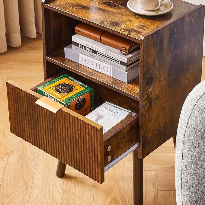 Rustic Brown Bedside Table with Drawer & Open Shelf – Modern 2-Tier Nightstand