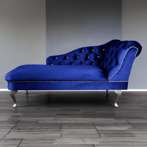 Velvet Chaise Lounge Sofa Right Hand Royal – Tufted Seat, UK Handmade
