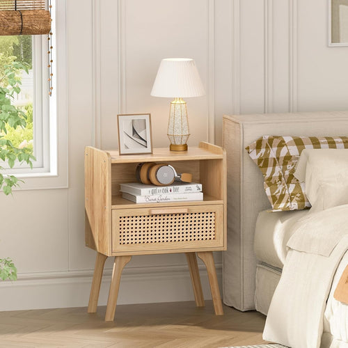 Natural Rattan Bedside Table with Drawer & Shelf – Boho Wooden Nightstand