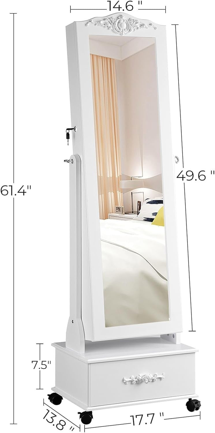 LED Rolling Jewelry Cabinet Lockable Full Length Mirror Storage White