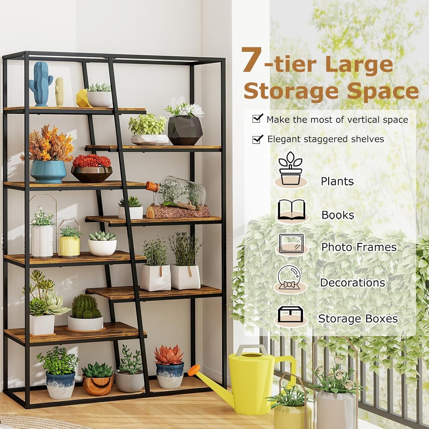 7-Tier Industrial Metal Bookshelf Large Rustic Wood Display & Storage Unit