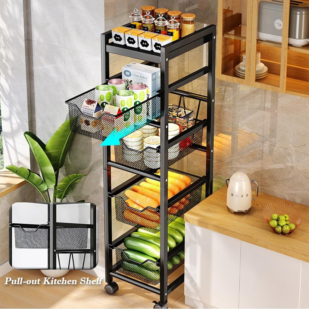 5 Tier Slim Kitchen Storage Trolley on Wheels Narrow Metal Basket Rack