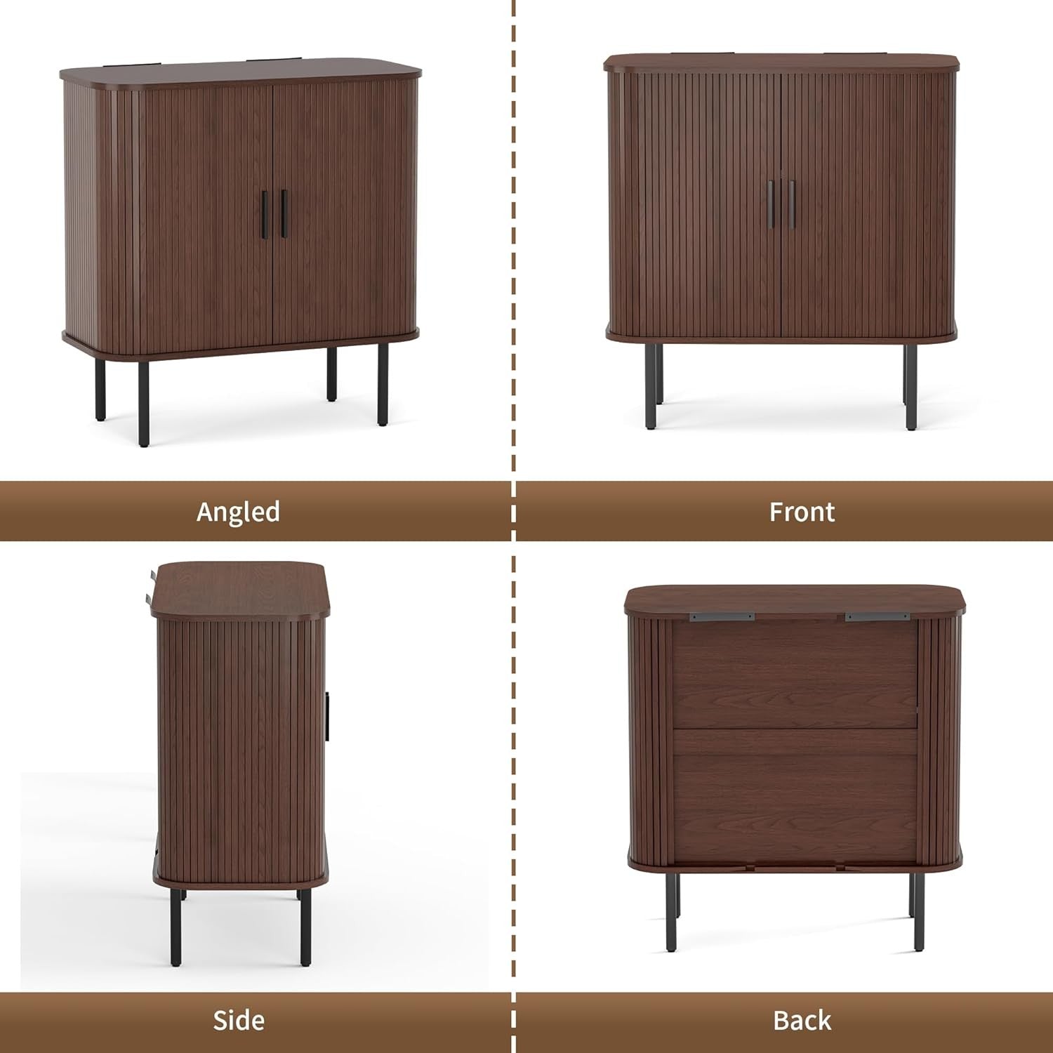 Walnut Sideboard Buffet Cabinet with Sliding Tambour Doors & Storage Shelf