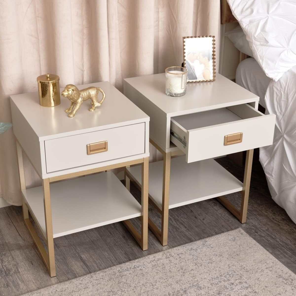 Modern Gold Frame Bedside Tables with Drawer & Shelf – Taupe Beige Pair