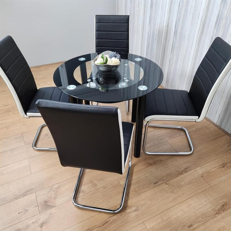 Round Glass Dining Table Set 4 Faux Leather Chairs Modern Kitchen