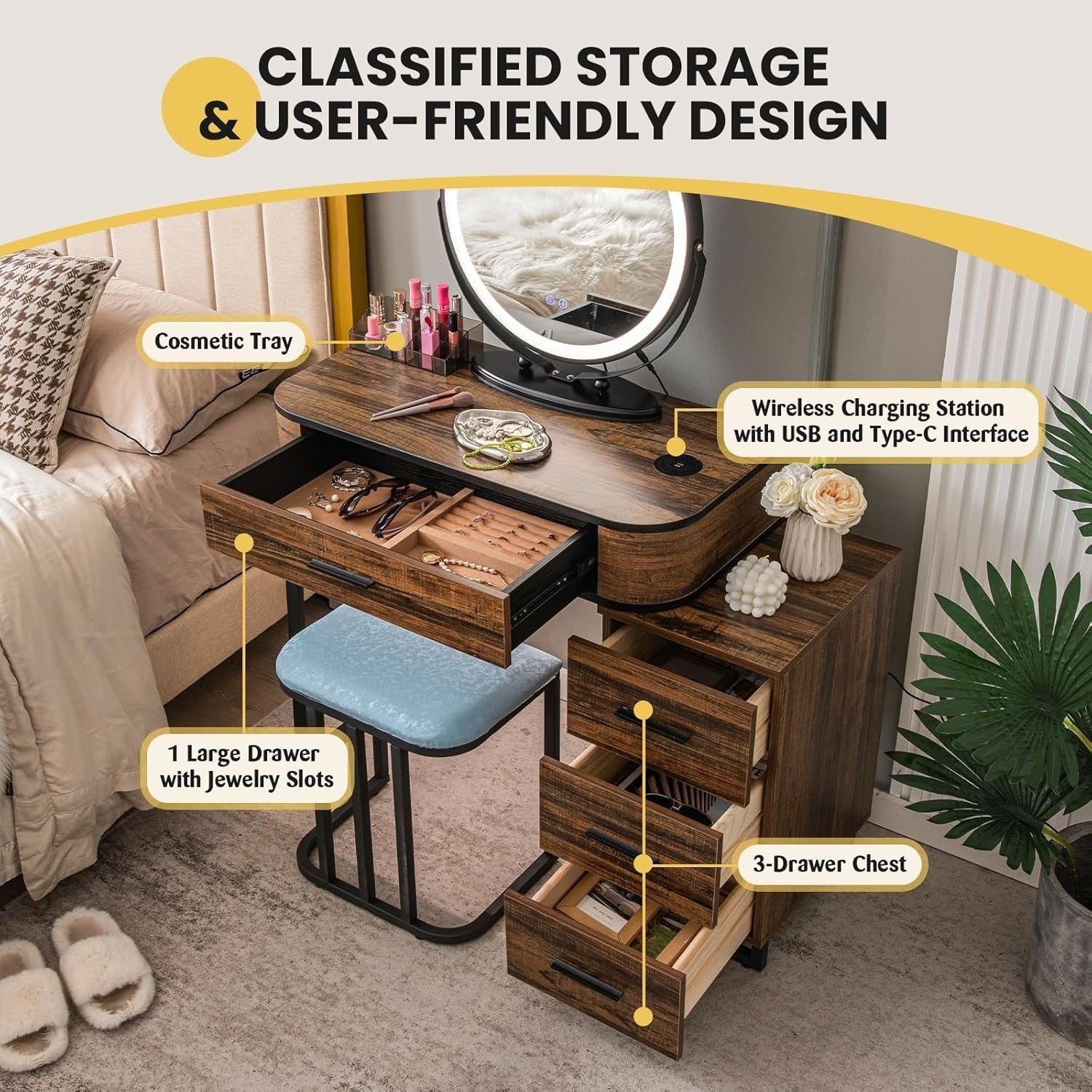 Vanity Makeup Dressing Table Stool Set LED Lighted Mirror Wireless Charger Brown
