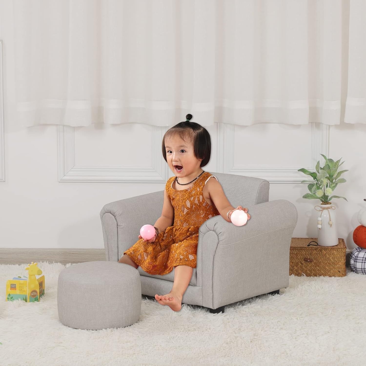 Toddler Armchair with Footstool – Kids Grey PVC Leather Sofa Chair