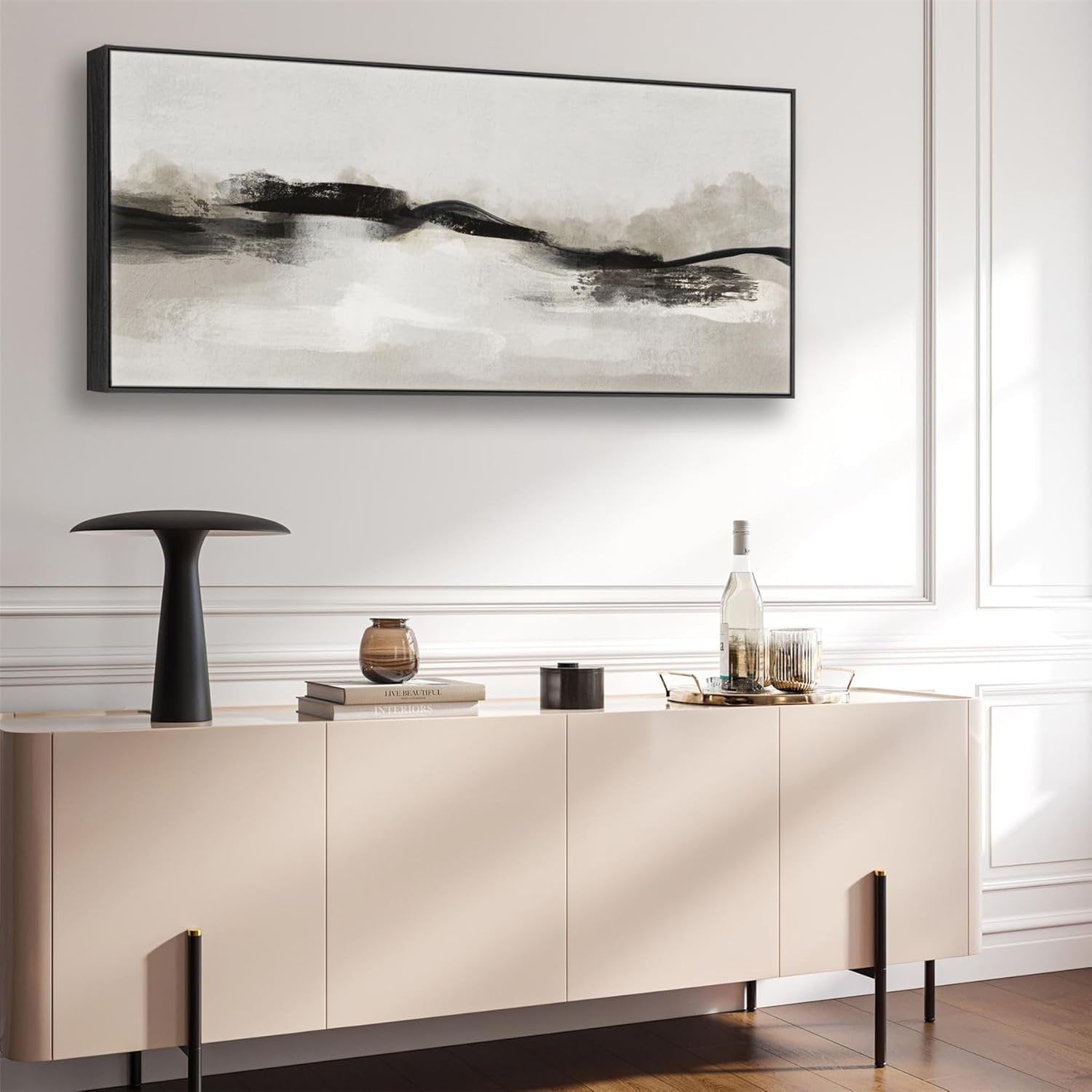Neutral Greige Panoramic Wall Art – Modern Abstract Horizontal Decor 143x52cm