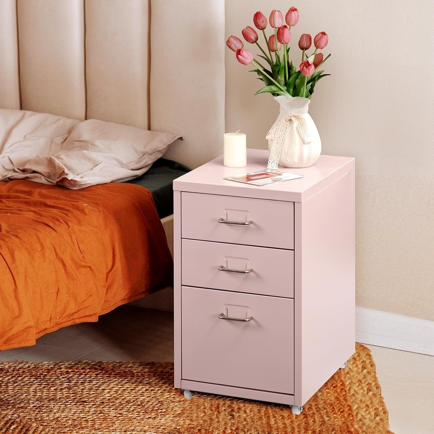 Pink Steel Rolling Drawer Unit 3 Tier Under Desk File Storage