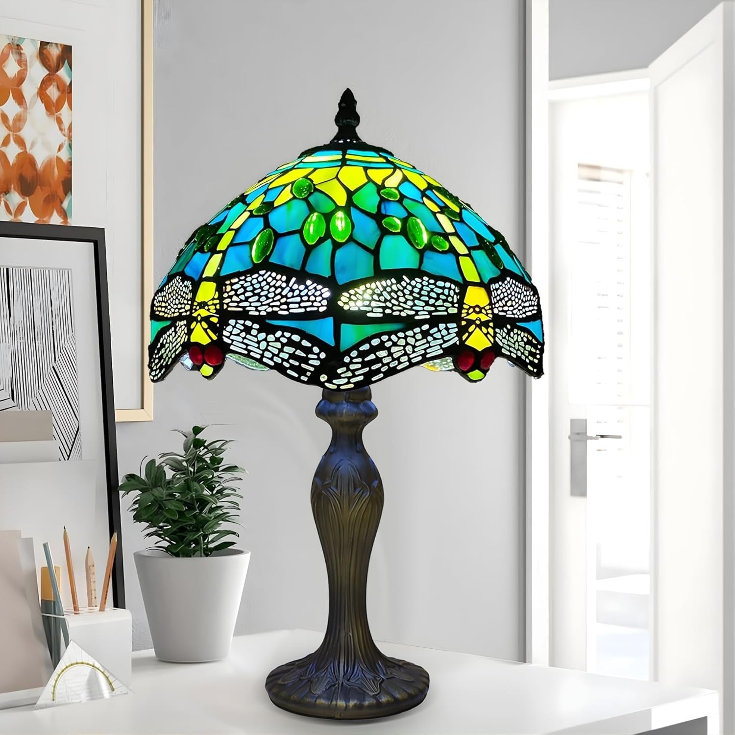 Tiffany Style Table Lamp Green Dragonfly Stained Glass 42cm E27